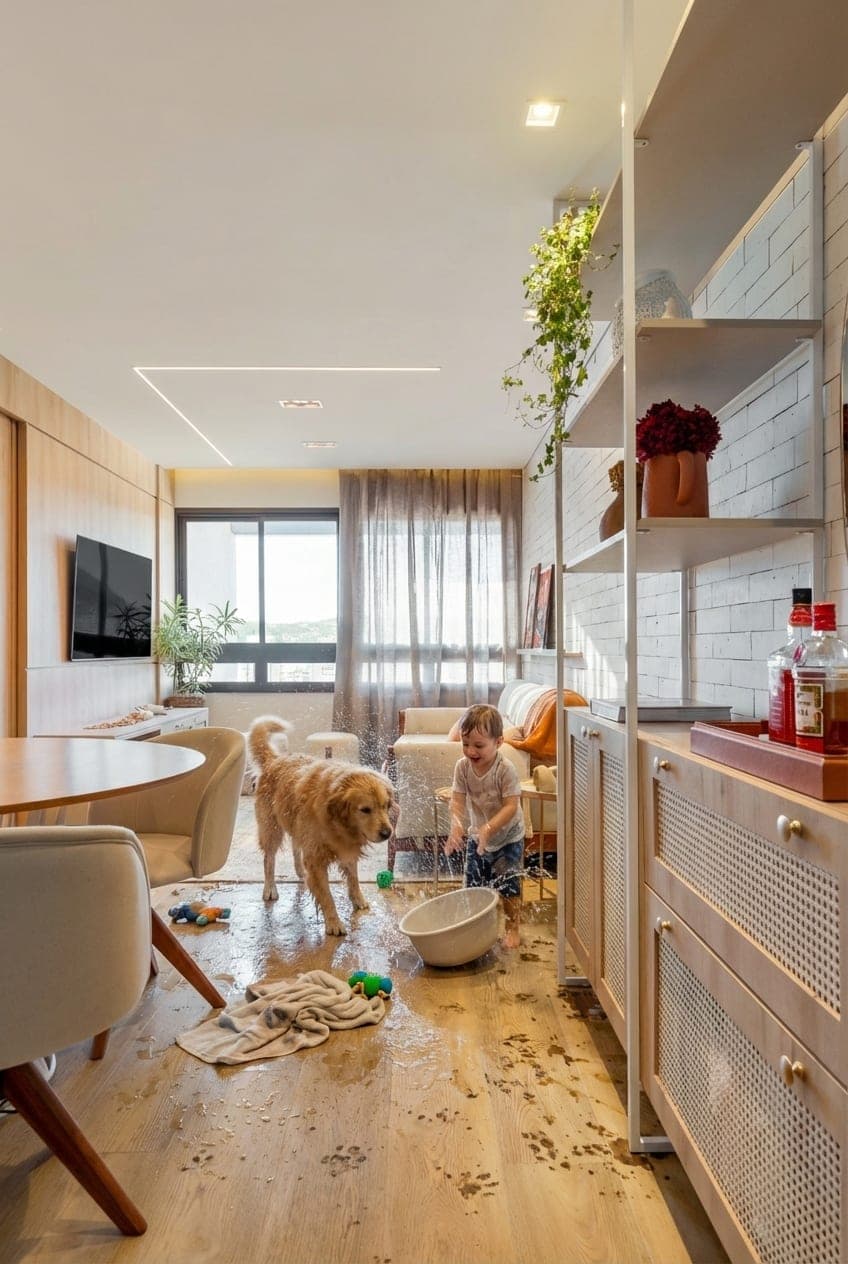 Cachorro e criança brincando com água sobre o piso Böhn Floor Berlim, sem medo de manchar ou empenar
